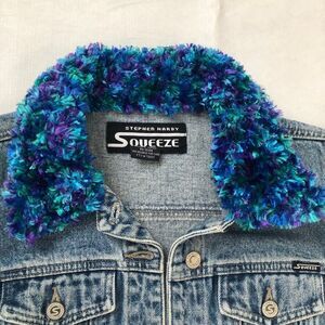 Squeeze Y2K Denim Jacket Purple Blue Faux Fur Collar Size Medium Stephen Hardy